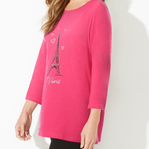 Catherines Pink Cotton Jersey Graphic Paris Tee /w Bling 3/4 Sleeve 4X- NWT - Picture 2 of 4